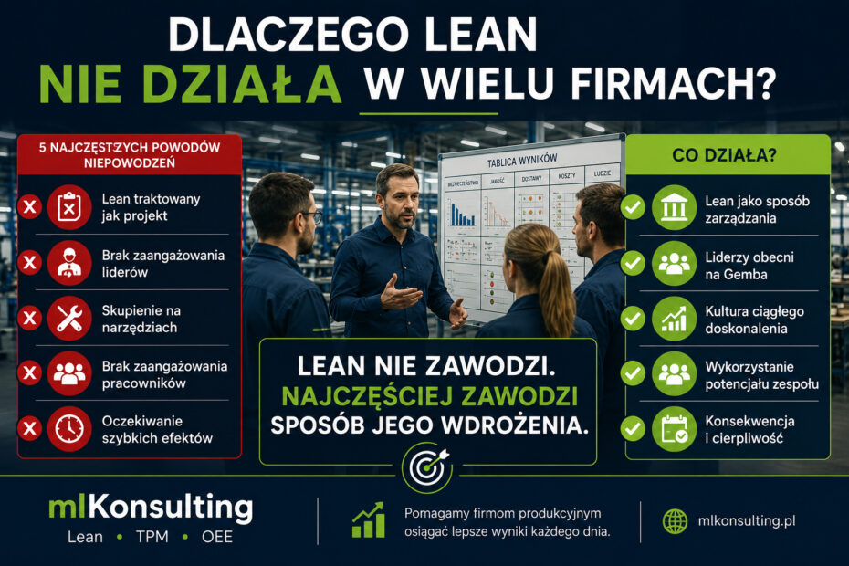 Dlaczego Lean nie działa w wielu firmach – 5 najczęstszych powodów niepowodzeń wdrożeń Lean Management oraz skuteczne sposoby budowania kultury ciągłego doskonalenia.