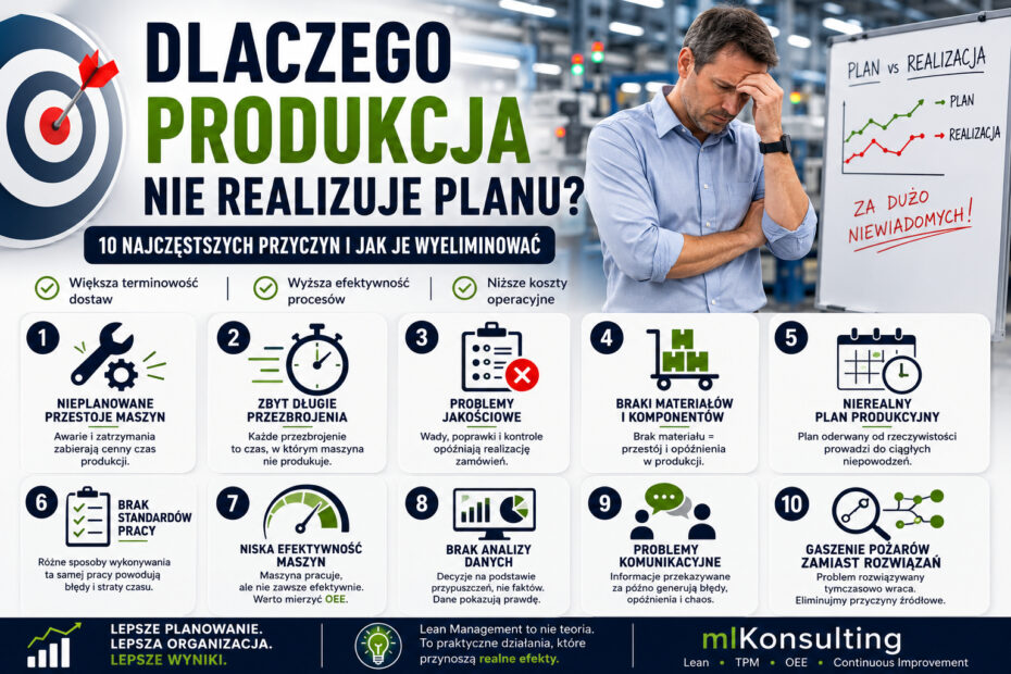 Dlaczego produkcja nie realizuje planu? Infografika przedstawiająca 10 najczęstszych przyczyn niewykonania planu produkcyjnego oraz praktyczne sposoby ich eliminacji z wykorzystaniem Lean Management.