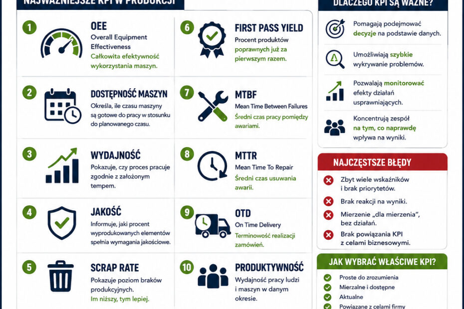 KPI w produkcji – najważniejsze wskaźniki efektywności wykorzystywane do zarządzania produkcją i doskonalenia procesów w Lean Management.
