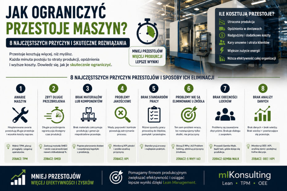 Jak ograniczyć przestoje maszyn? Infografika przedstawiająca 8 najczęstszych przyczyn przestojów oraz skuteczne metody ich eliminacji z wykorzystaniem Lean Management.